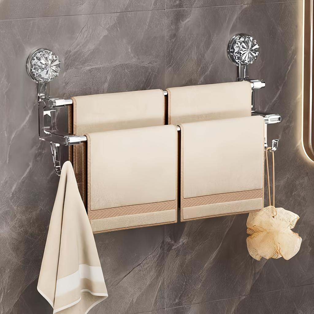 1pc Suction Cup Towel Rack with Hooks, No Hole Towel Storage Rack for Bathroom, Wall Mounted Towel Rack, Bath Towel Hanging Bar