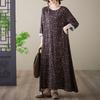 Plus Size Holiday Dress: Cotton & Linen Print, Round Neck, Loose Fit, Long Sleeve