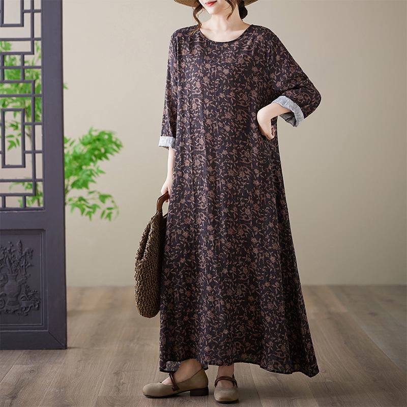 Plus Size Holiday Dress: Cotton & Linen Print, Round Neck, Loose Fit, Long Sleeve