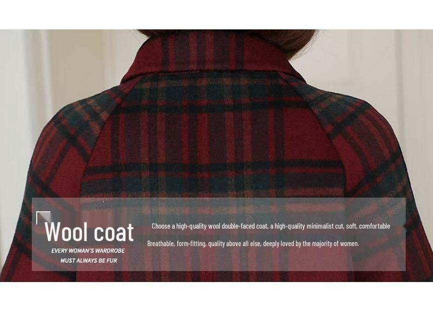 2024 Autumn/Winter Red Plaid Wool Coat - Korean Style Double-Faced Overcoat for Women, Perfect for Middle-Aged and Elderly Moms.