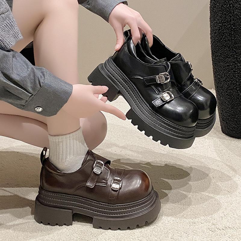Spring New Wear British Style Small Leather Shoes Mary Jane Women's Coarse Heel Thick Soled Height Increasing Le Fu Shoes