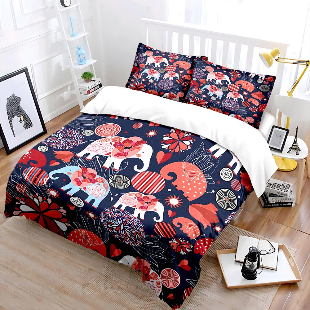 3pcs Colorful elephants with floral Pattern Duvet Cover Set Digital Print Polyester Bedding with Zipper Closur for kids gifts