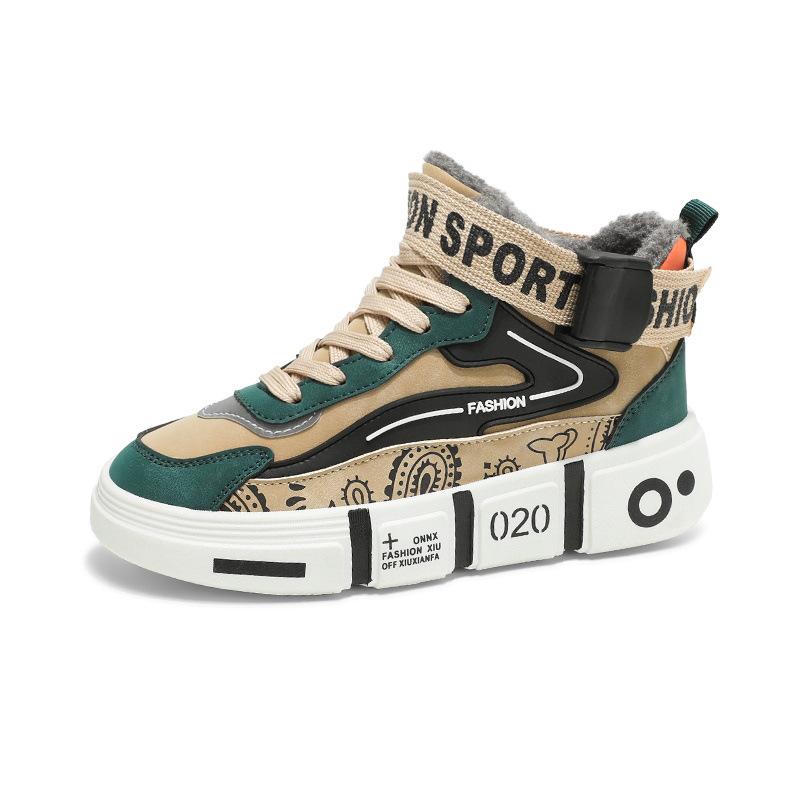 Winter high-top men's shoes casual sports student board shoes cashew fruit running shoes men's medium and older children's velvet cotton shoes