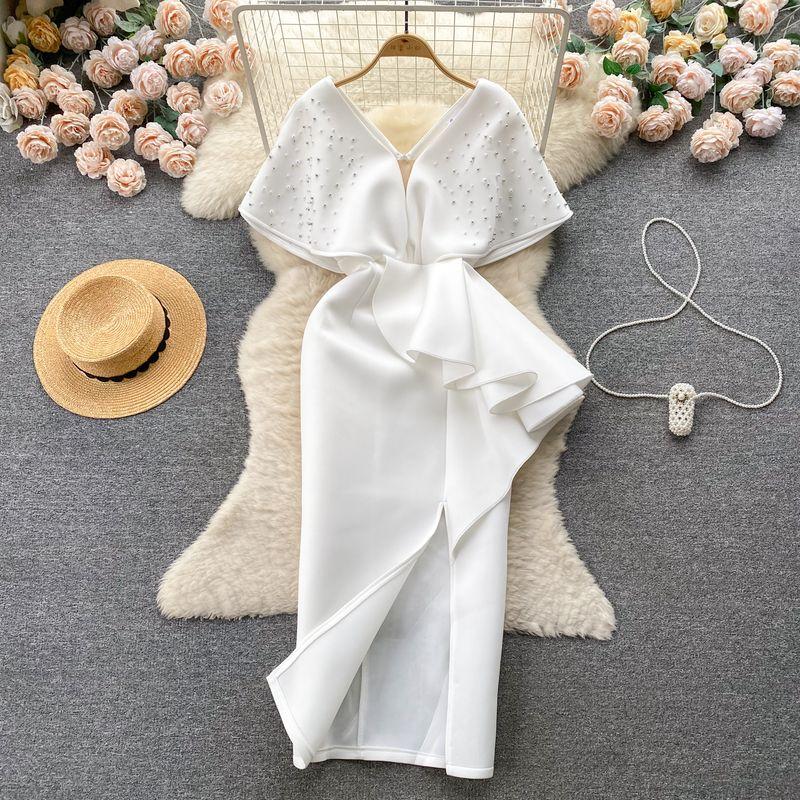 

Accessible Luxury Socialite Evening Party Dress Beaded V-neck Dress White M