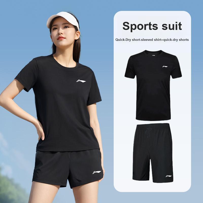 Li-Ning Skin-Friendly Comfortable Short Sleeve T-Shirt Breathable Sweat-Absorbing Versatile Shorts Fitness Set Men Sets LKUI765-1