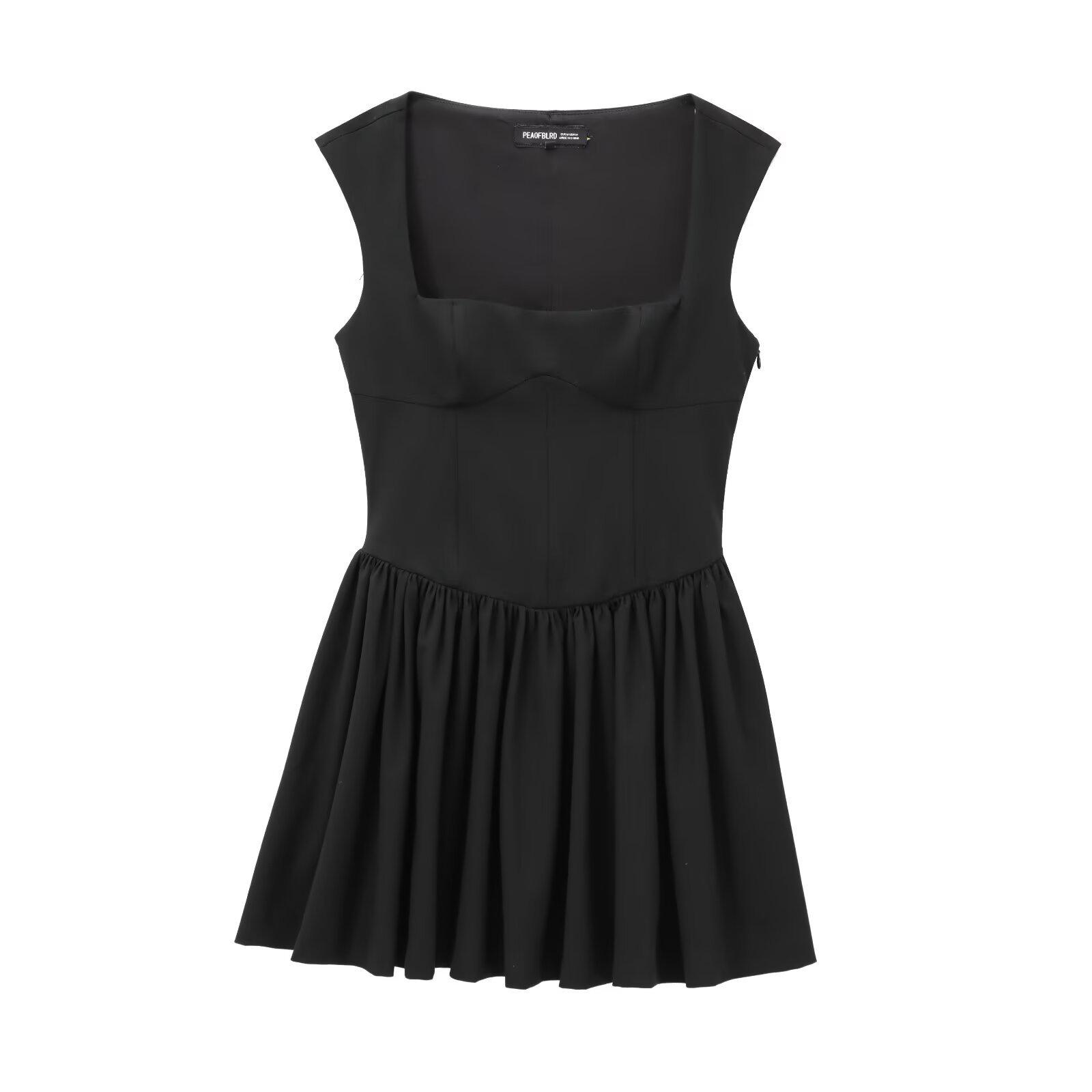 

Женское мини-платье с квадратным вырезом, в стиле ретро, французский дизайн, весна 2025, с плиссированными деталями Extra Small чёрный