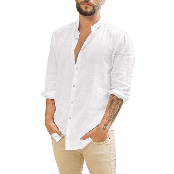 Men's European & American Linen Stand-Up Collar Cardigan Shirt - Solid Color, Long Sleeve, Casual, 2021
