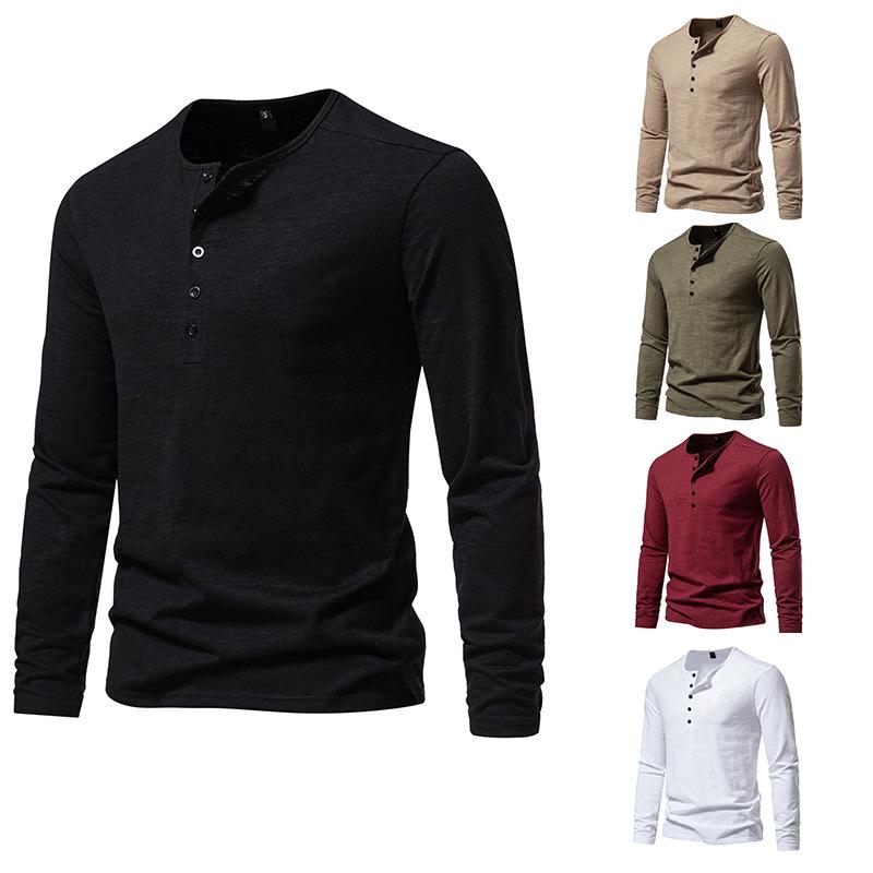 2023 Autumn Men's Five-Button Solid Color Long-Sleeve Casual T-Shirt