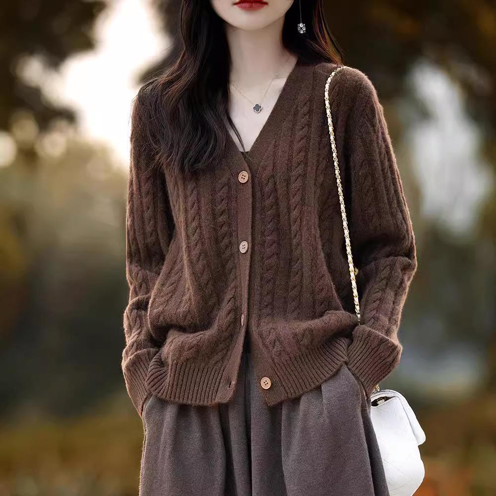 Women's V-Neck Pure Wool Cardigan Coat - 2025 Autumn/Winter Collection