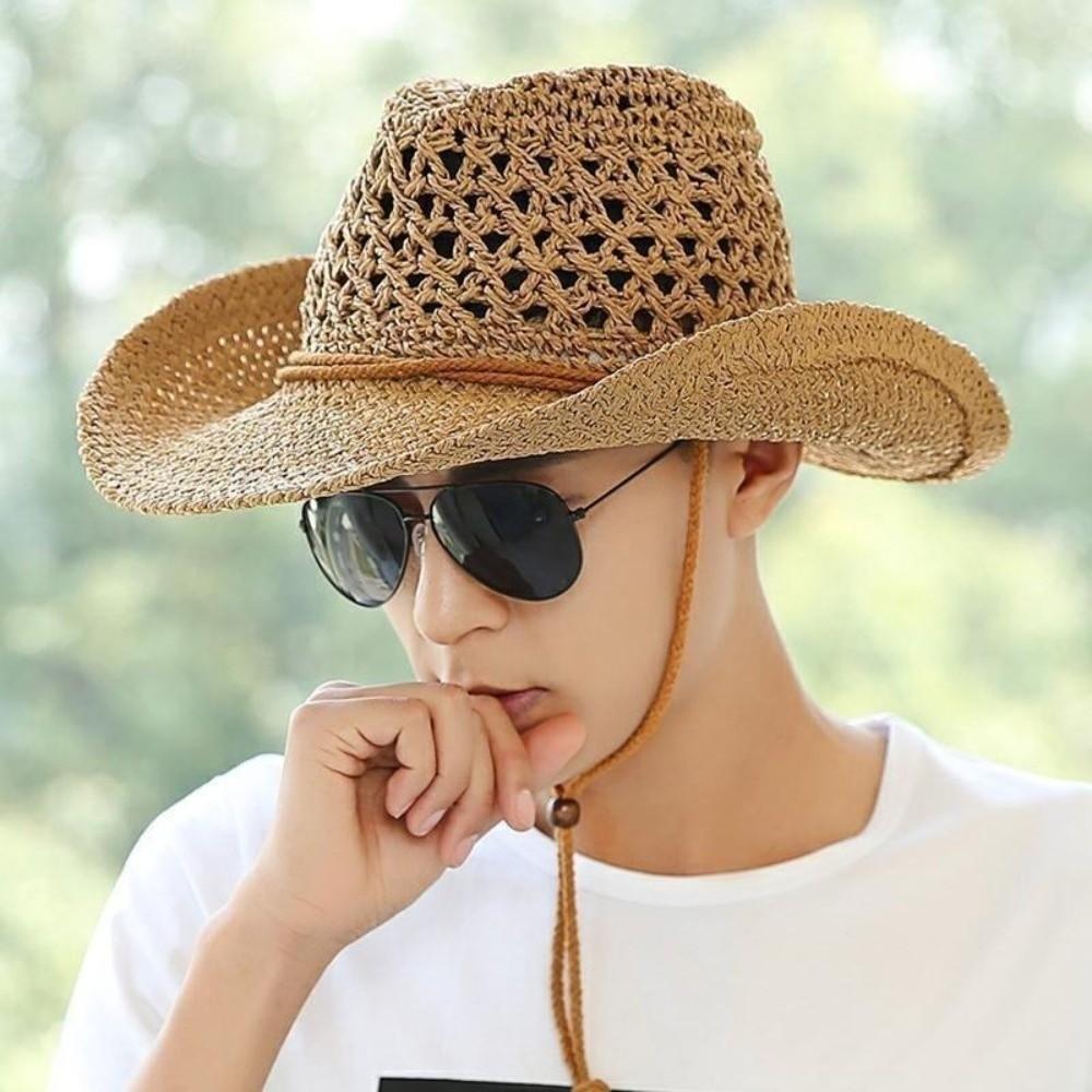 Wide Brim Sunscreen Straw Hat Solid Color Fisherman Hat Retro Western Cowboy Hat  Girl