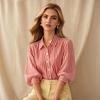 Women Shirt Lapel 46085 Puff Sleeves Button Placket Striped Print Summer Shirt Loose Fit