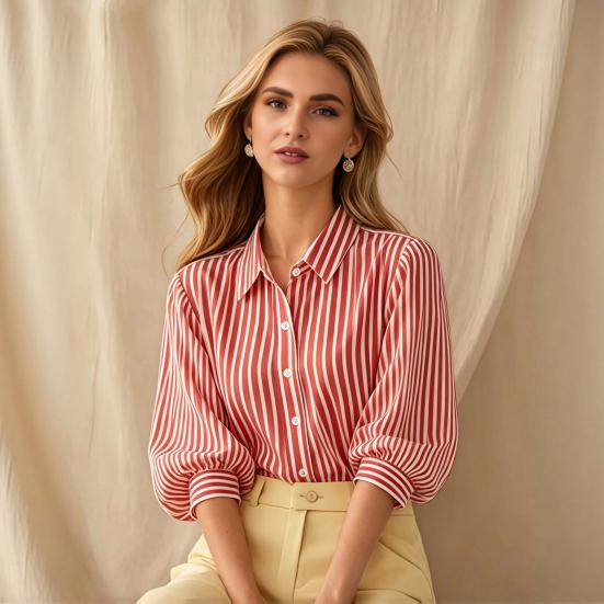 Women Shirt Lapel 46085 Puff Sleeves Button Placket Striped Print Summer Shirt Loose Fit