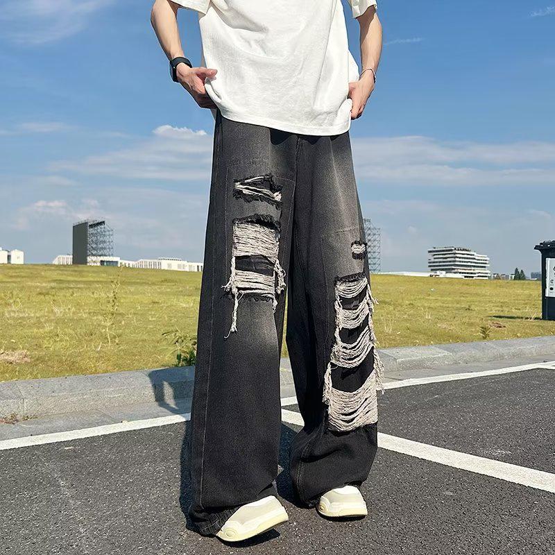 Men's Summer American Retro Ripped Wide-Leg Jeans - Washed, Distressed, Loose Fit, High Street Style.