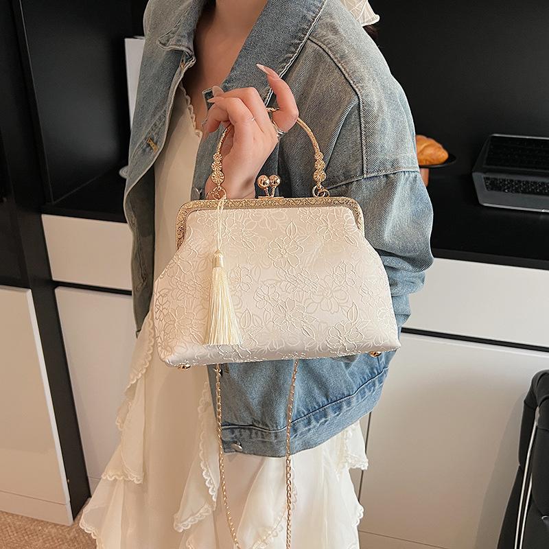 New Glossy Floral Tassel Shell Bag with Chain Strap - Vintage Qipao-Inspired Adjustable Crossbody/Shoulder Handheld Mini Square Bag for Women