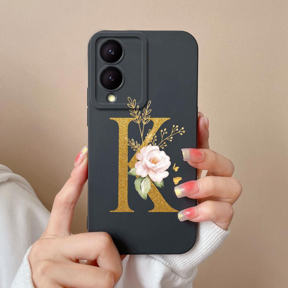 Case For VIVO Y17S 4G A To Z Cute Flower Letter Pattern Smooth Liquid Silicone Shell For VIVOY17S Y17s 4G Fashion Couple Fundas