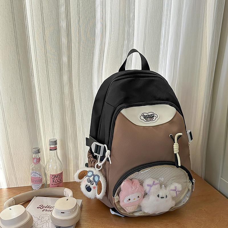 Blocked Color Backpack With Transparent Compartments And Plush Pendant Dog