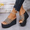 Fashion Fashion Women's Platform Wedge Sandals Rhinestone Cross Strap Thick Sole Slippers Woman Summer High Heel Slide Sandalias Mujer
