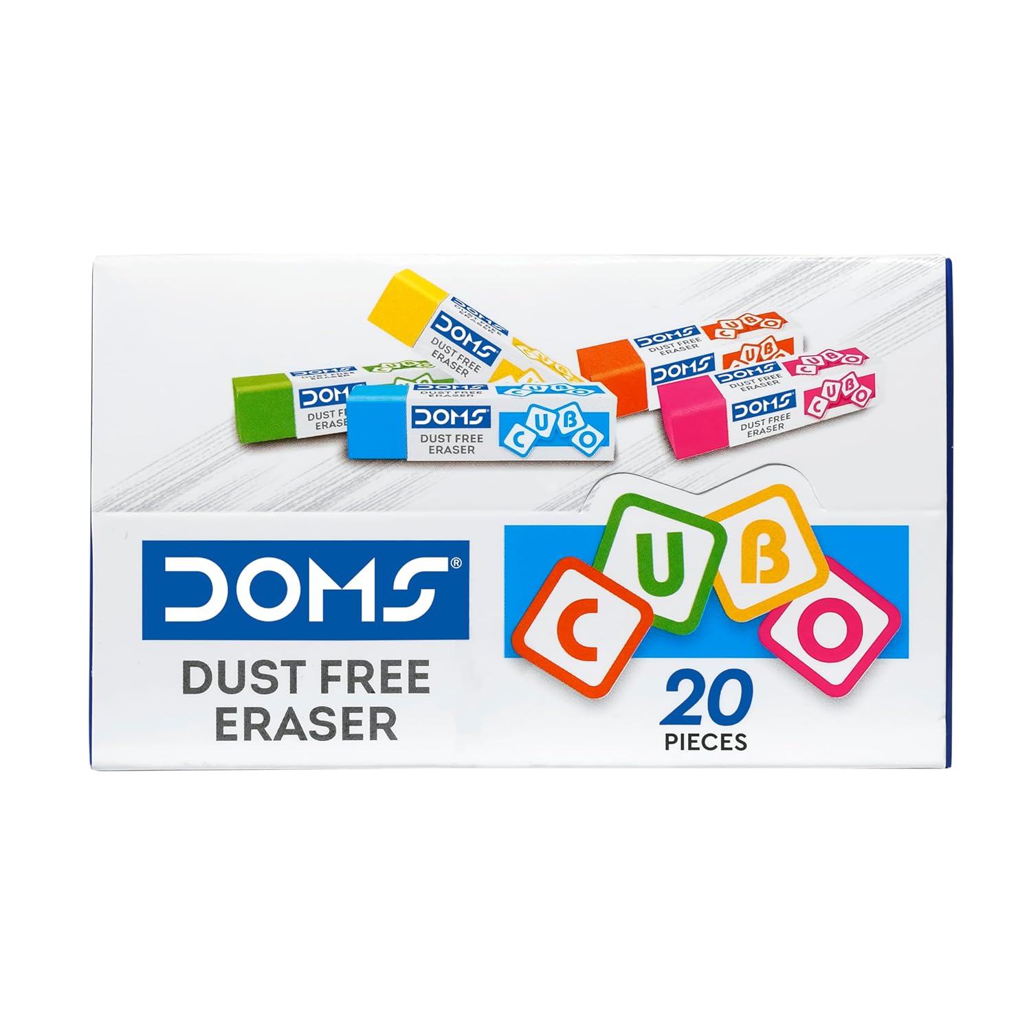 DOMS Dust Free Cubo Eraser Box Pack Multicolor Non Toxic School Erasers Comfortable Grip Pack Of 20 Pcs For Kids