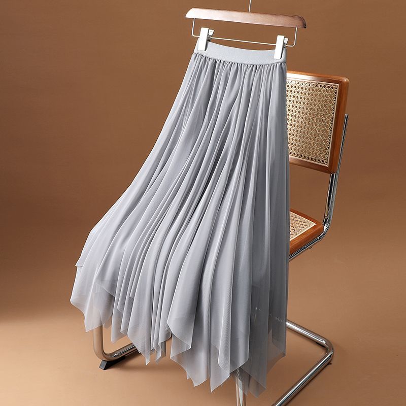 Women's Summer High-Waist Irregular Flowing Sheer Midi Skirt - Elegant Fairycore Long Skirt with Premium Shine