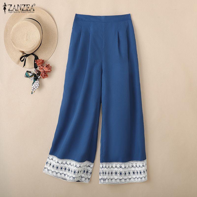 ZANZEA Women Casual Elastic Waist Loose Patchwork Loose Pants