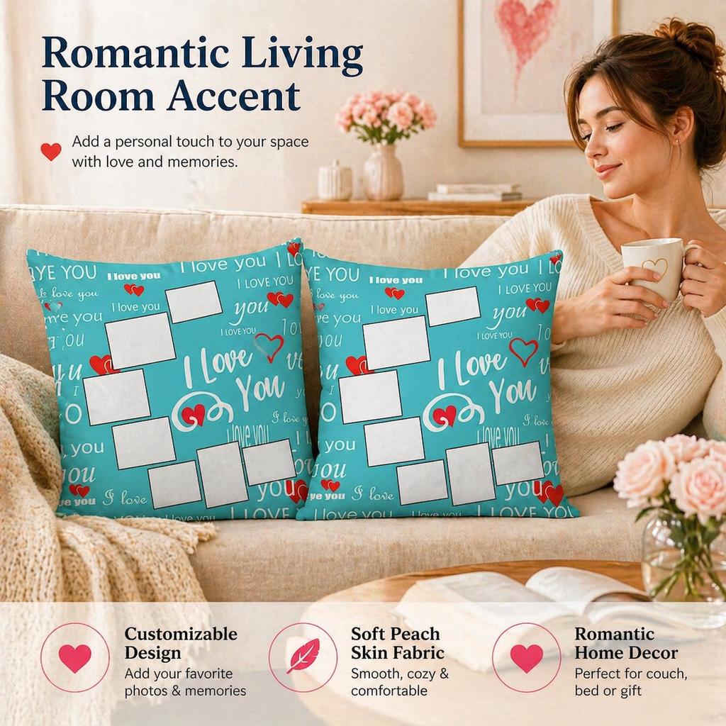 Custom Photo Pillow Cover Personalized Heart Collage Cushion Case Peach Skin 2D Flat Print For Valentine Gift Sofa Home Decor