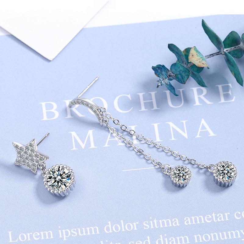 New Fashion Star&Moon Asymmetry Round Rhinestone Drop Earrings Women 925 Silver Jewelry Zircon Long Pendant Ear Stud