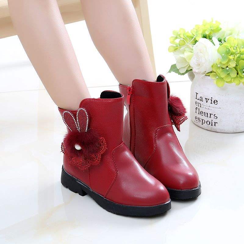 Mädchenschuhe Stiefel Kinder Kurzstiefel Herbst und Winter 2025 neue Baumwollstiefel Prinzessin zwei Baumwollschuhe Samt warm Spitze Kaninchen