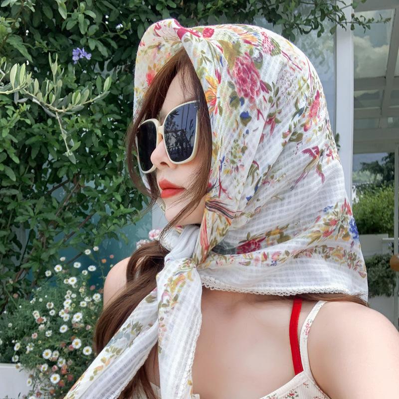 Pastoral retro floral linen triangle silk scarf women's spring and autumn literary tie code packet of the released version headscarf sunscreen shawl