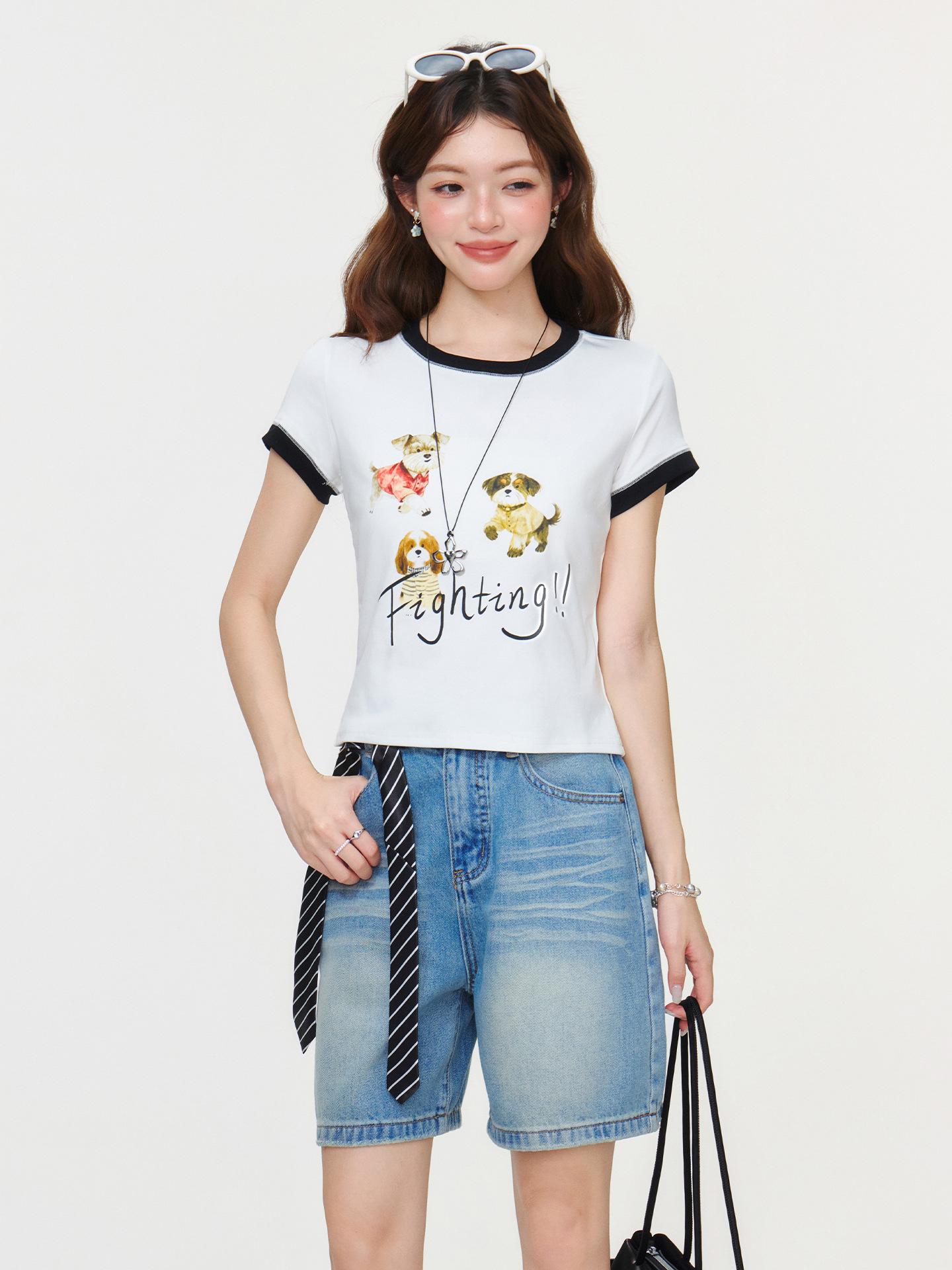 

White round neck front shoulder animal letter print T-shirt women s summer contrasting colors slim and thin short-sleeved top S белый