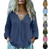 Women's Fashion Loose-Fit Long-Sleeve V-Neck Pullover Shirt Cotton-Linen Blend Top