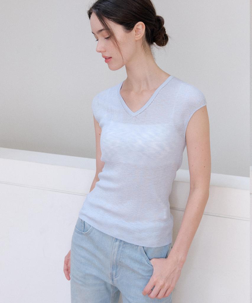 Meojiaenminggeul Rosé Soft Sheer Rib Short Sleeve V-Neck Knit Top (Cotton Blue)