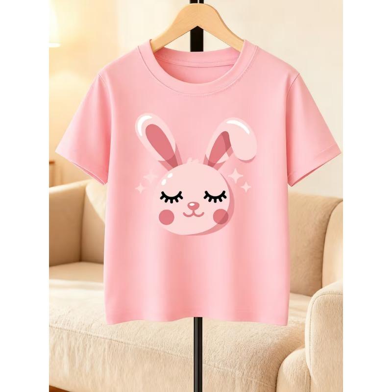 European sizes Girls' Versatile Round Neck Cute Bunny Print Soft T-Shirt, Casual Adorable Style Children's Clothing, Recommended Gift