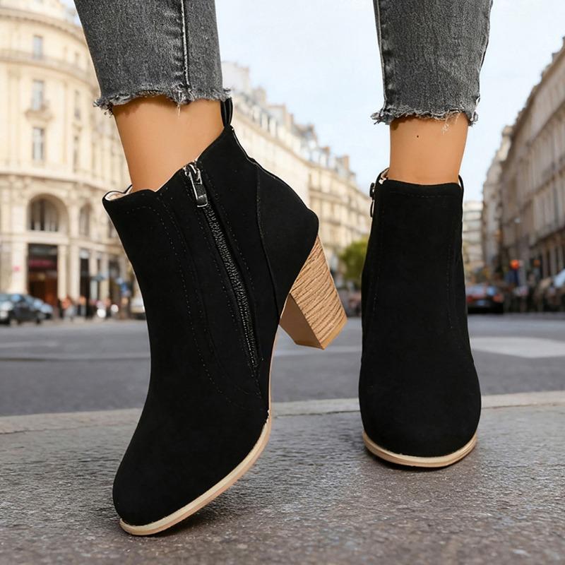 Autumn and Winter New Round Toe Solid Color High Heel Short Tube Side Zipper Fashion Boots Women