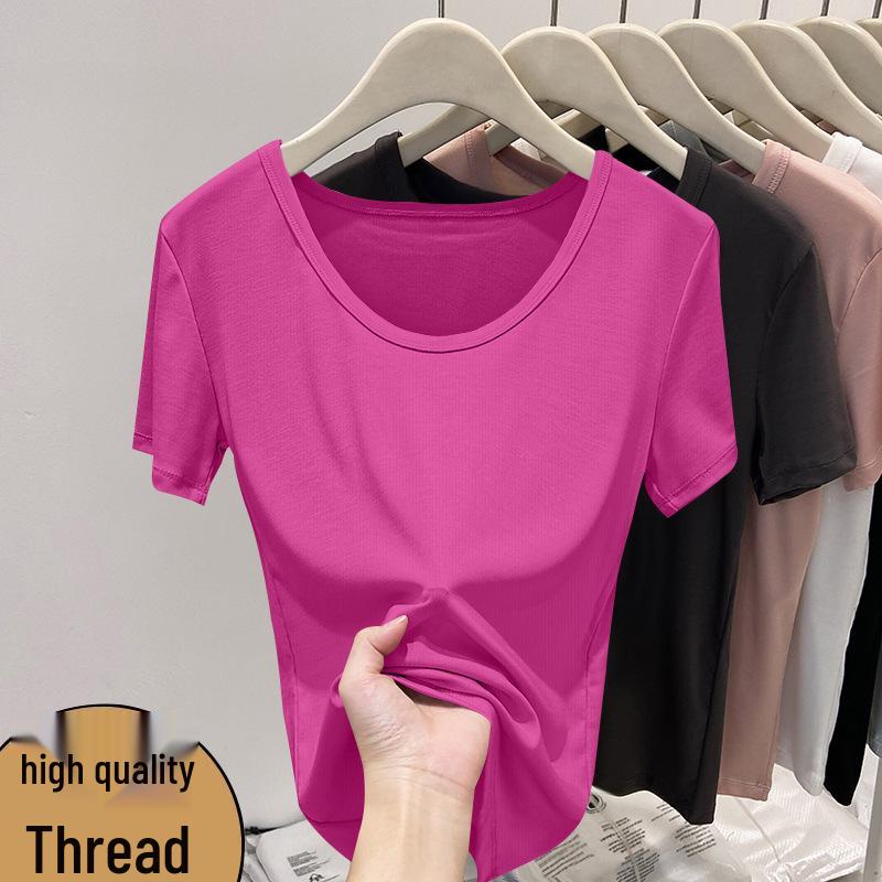Plus Size Ribbed V-Neck T-Shirt - European Style, Short-Sleeve, Summer 2026, Women's Slimming Top