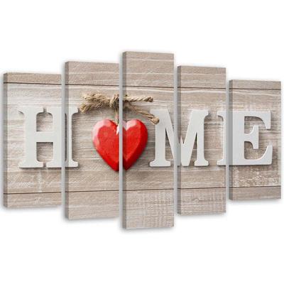 Fünfteiliger Leinwanddruck „Home Heart Red Beige“.