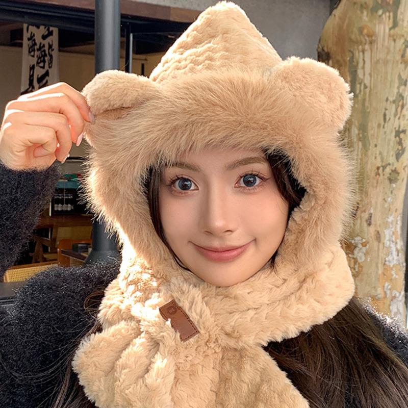 Fashion Hat Winter Women Bear Ear Scarf Hat Winter Warm Ear Protection Hat Cold-Proof Thickened Fur Caps Plush Hat Scarf Set