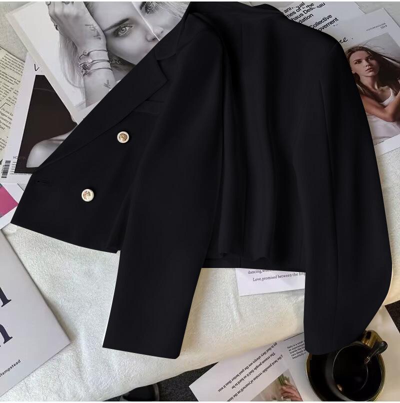 Women's Slim Fit Double-Breasted White Blazer, High-Waisted, Long-Sleeved, Short Suit for Spring/Autumn 2024, Petite Temperament.