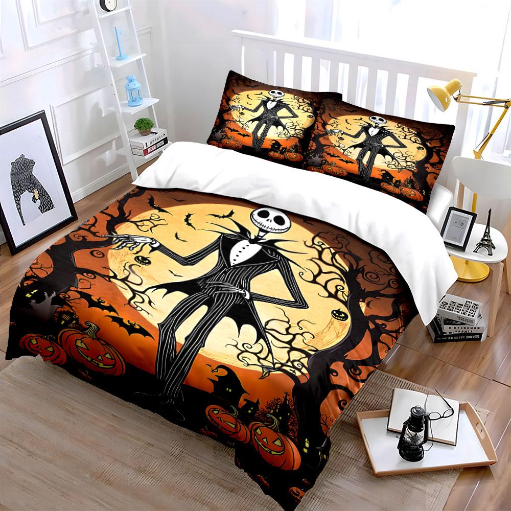 Halloween Skeleton Pumpkin Scene Bedding Duvet Cover Set Duvet Cover Pillowcases  (1*Duvet Cover 2*Pillowcases, Without Duvet Insert)