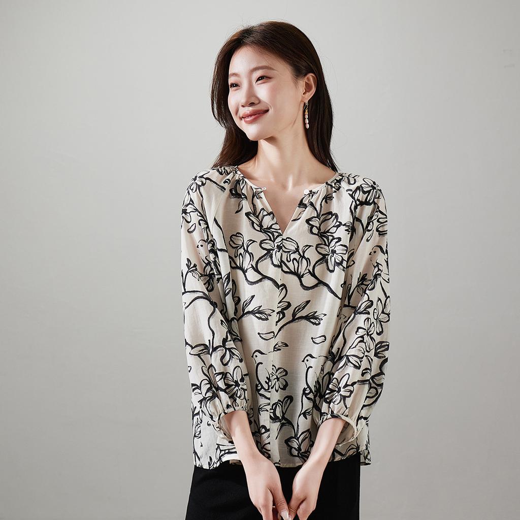 Lyocell linen printed shirt for women's 2026 spring commuting versatile round neck niche top