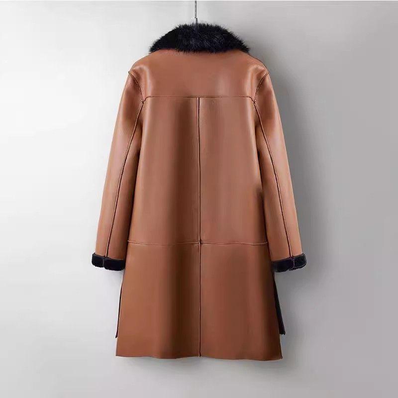 Autumn Winter Women's Leather Coat Thick Warm Mid-length Fleece-lined PU Leather Coat