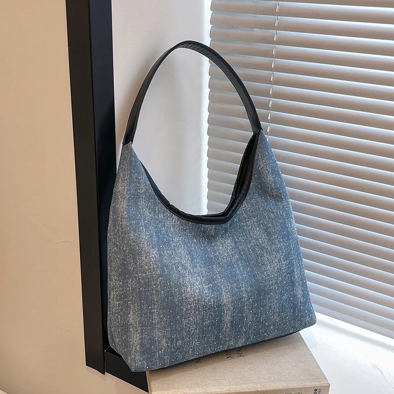 Elegant Large Capacity Tote Bag for Women  Versatile Shoulder Bag for Travel  Denim Bag Underarm  Fashionable Shoulder Bag