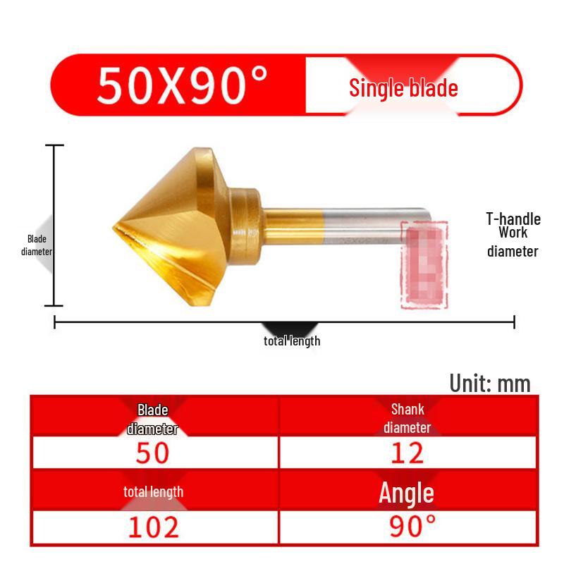 90° Titanium-Coated Chamfering Tool, Single/Three-Flute, 45° Countersink and Deburrer for Stainless Steel.
