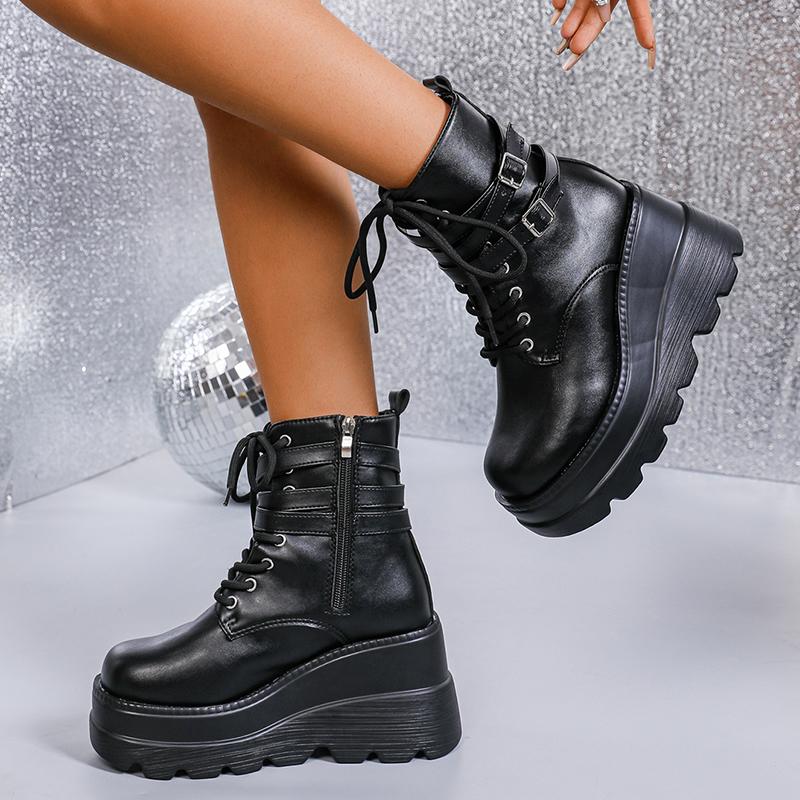 Fashion Gothic Punk Platform Boots for Women Fashion Double Buckle Wedge High Heel Ankle Boots Woman Thick Bottom Black Combat Booties