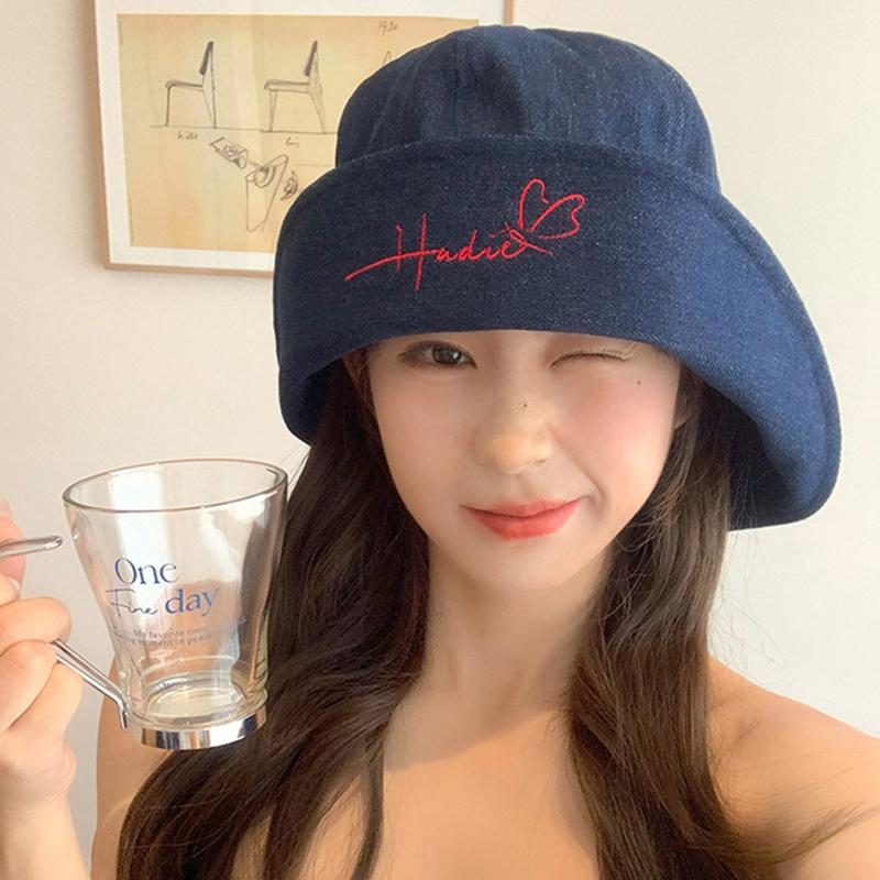 Korean Style Denim Fishing Cap Large Brim Foldable Bow Tie Hat Face Slimming Fashionable Sun Protection Retro Bucket Hat
