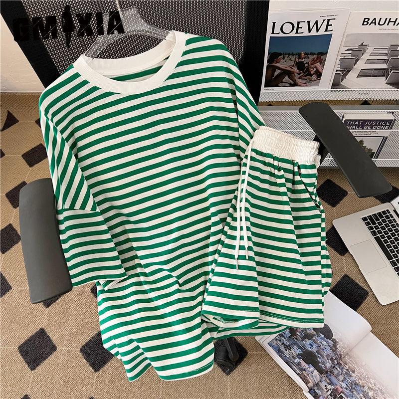 GMXIA Casual Sportswear Set Women 200 Pounds, College Style Striped Color Loose and Fashionable Short-sleeved T-shirt and Shorts, A Two-piece Set