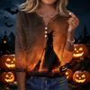 Women's Casual Halloween Print V Neck Button Front Three Quarter Sleeve T Shirt Top for Fall Seasonal Wear