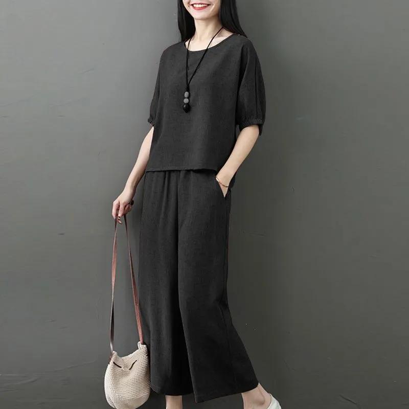 Loose Casual Two-piece Summer Mother Women's Fashion Suit Nine-point Pants Wide-leg Pants