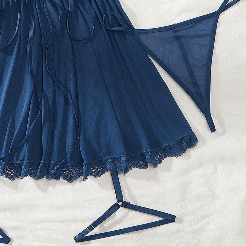 A Full Set Of Blue Plus Size Transparent Lingerie Suits Lace Bra Garter Belt Thong Sets Hot Women's Erotic Underwear Night Dress