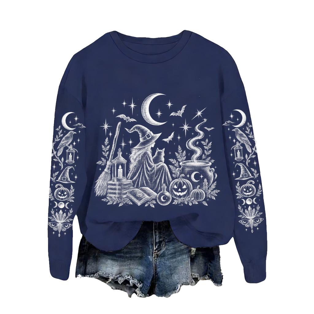 Women's Halloween Print Sweatshirt Loose Fit Casual Pullover Top for Fall and Winter