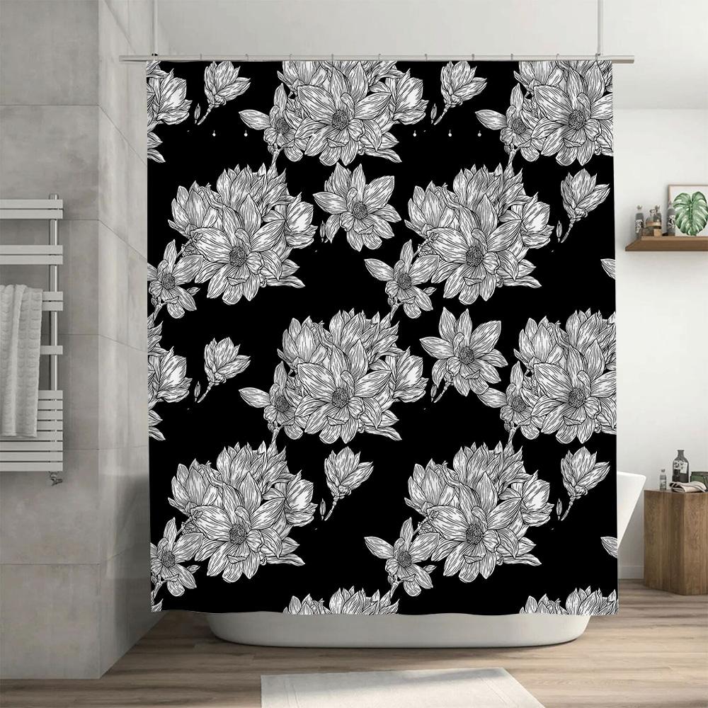Black And White Floral Print Shower Curtain Bathroom Decor With Magnolia Flowers Pattern, 72 X 84 Inches For Home Use